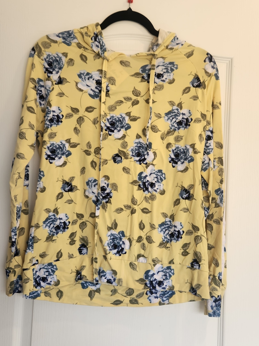 Ultra Flirt Yellow Hoodie with Blue Floral Print L Euc